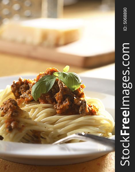 Plate with Spaghetti Bolognese studio shot