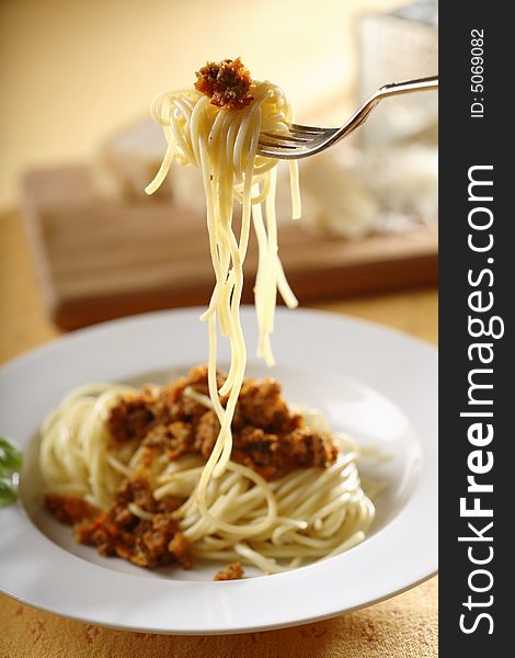 Plate with Spaghetti Bolognese studio shot