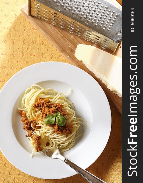 Plate with Spaghetti Bolognese studio shot