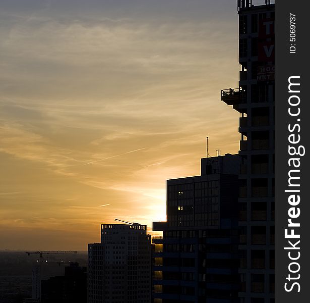 Sunset in Rotterdam behind buildings. Sunset in Rotterdam behind buildings