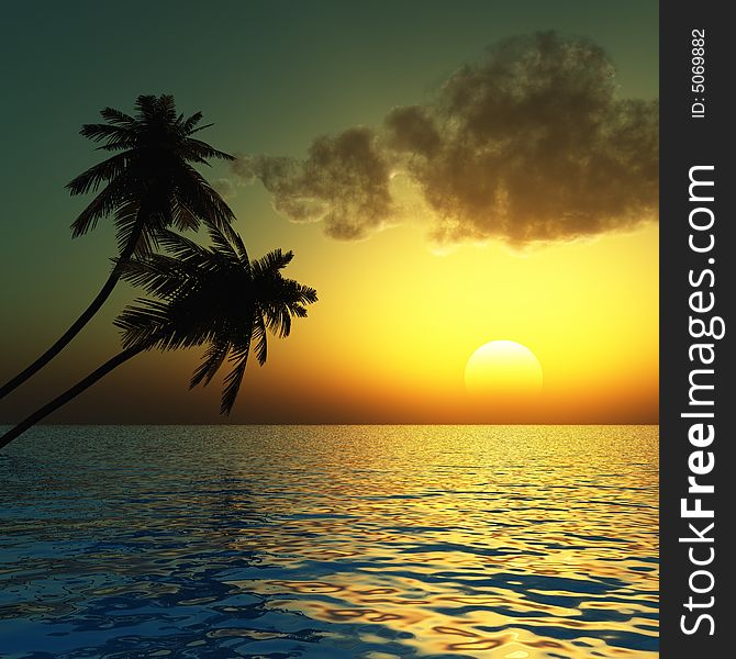 Sunset coconut palm trees on small island - 3d illustration.