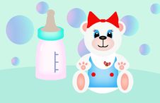 Polar Teddy Bear And Baby Bottle Stock Photos
