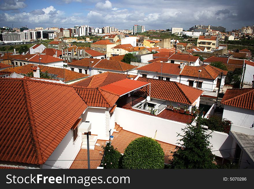 A rooftop scene of outer Lisbon. A rooftop scene of outer Lisbon