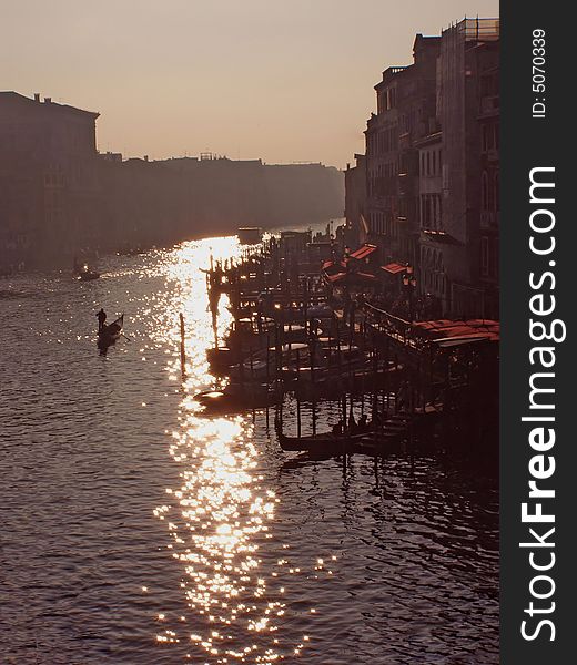 Venice (Italy) postcard: Canal Grande (view from Rialto Bridge) at sunset. Venice (Italy) postcard: Canal Grande (view from Rialto Bridge) at sunset