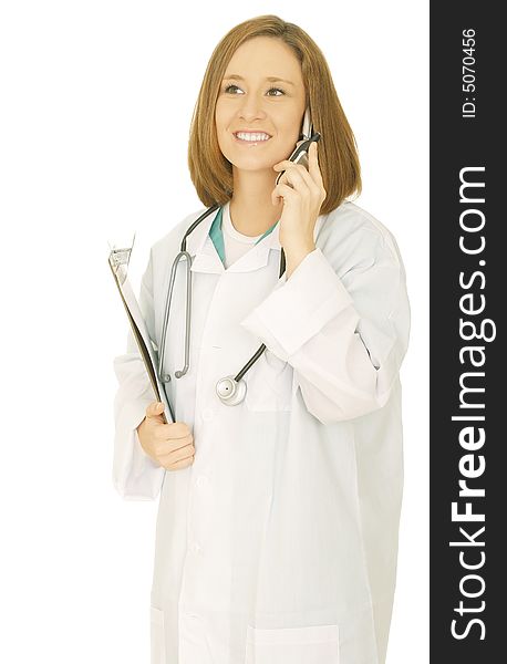 Woman doctor holding report on clip board and calling on the phone. isolated on white. Woman doctor holding report on clip board and calling on the phone. isolated on white