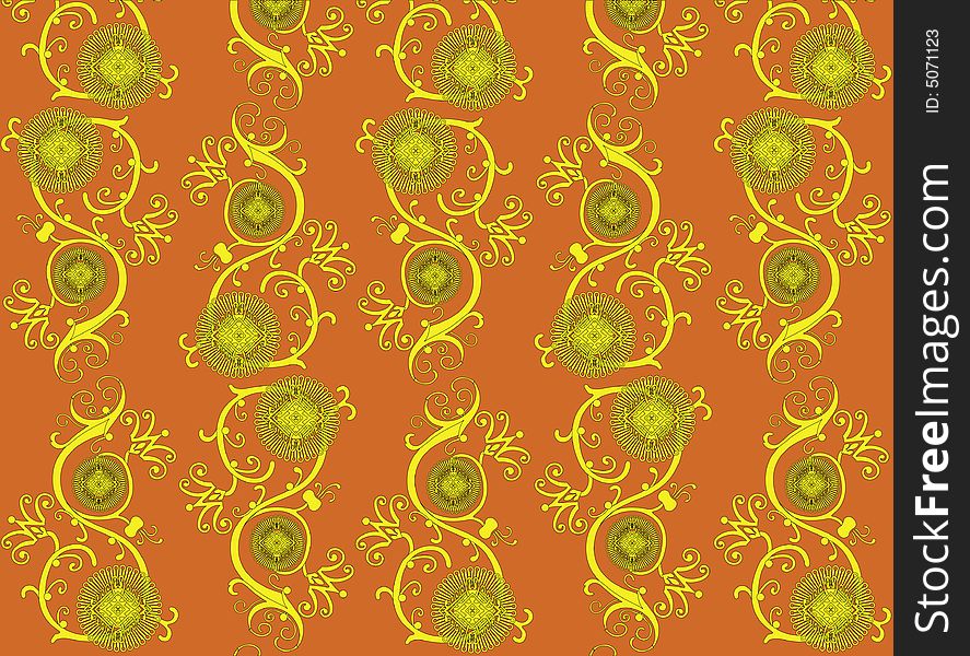 A seamless vector wallpaper with the floral ornament in golden and red tones. A seamless vector wallpaper with the floral ornament in golden and red tones