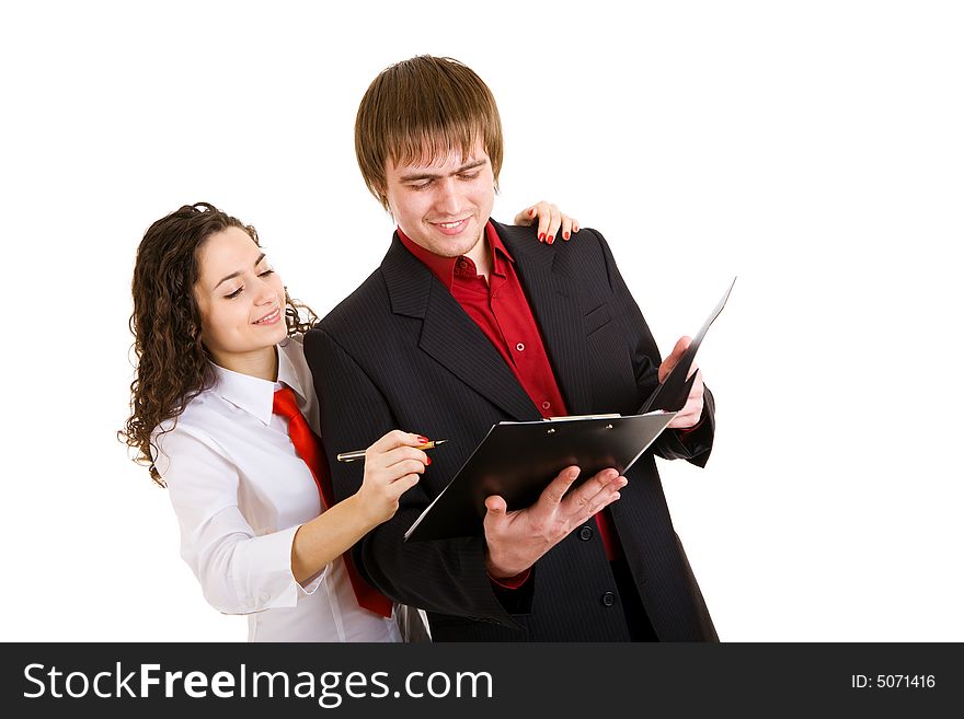 Businessman and girl write papers. Businessman and girl write papers