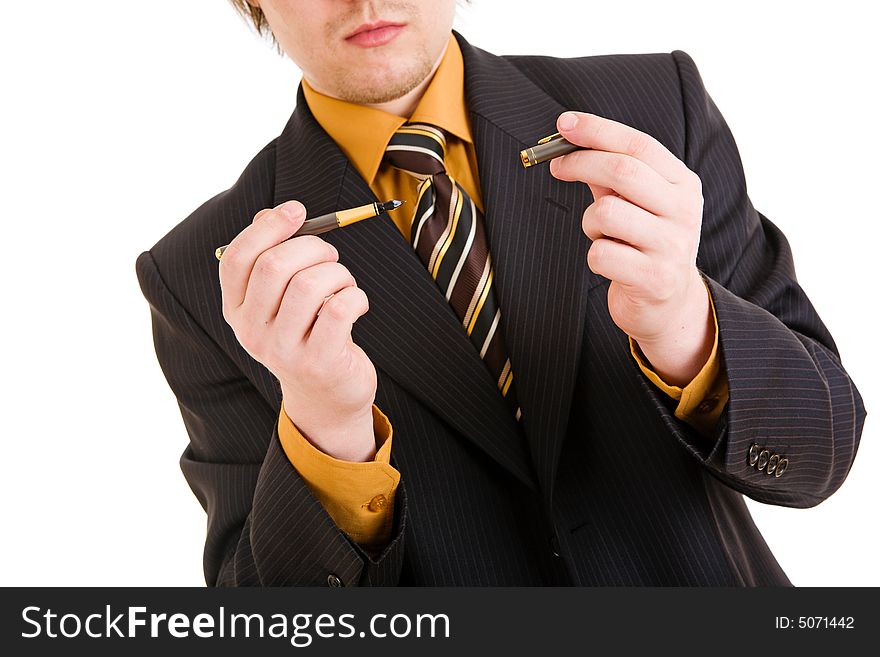 Pen in hands og businessman. Pen in hands og businessman