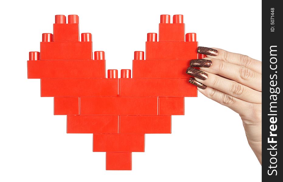 Woman hand holding heart isolated over white background