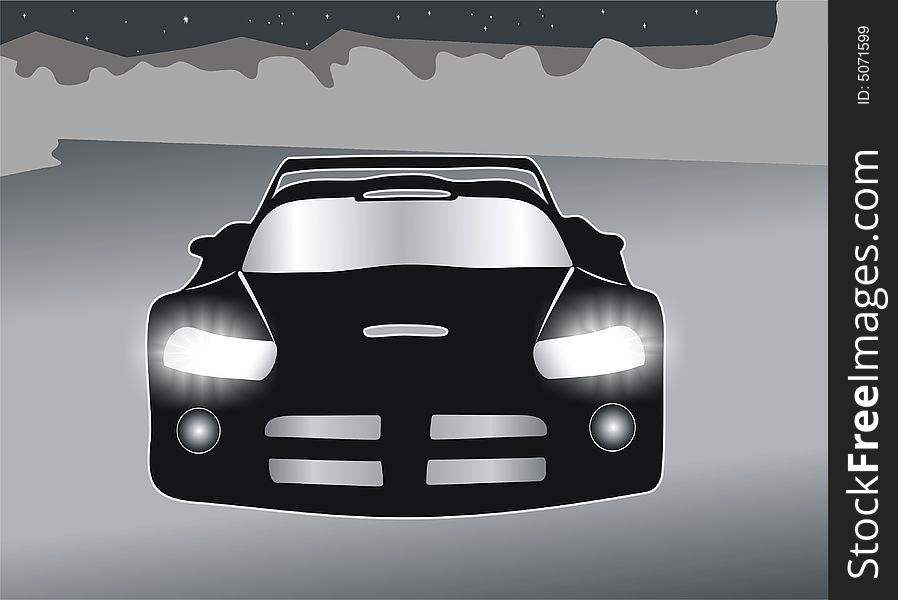 The  image of the sports car with burning headlights.