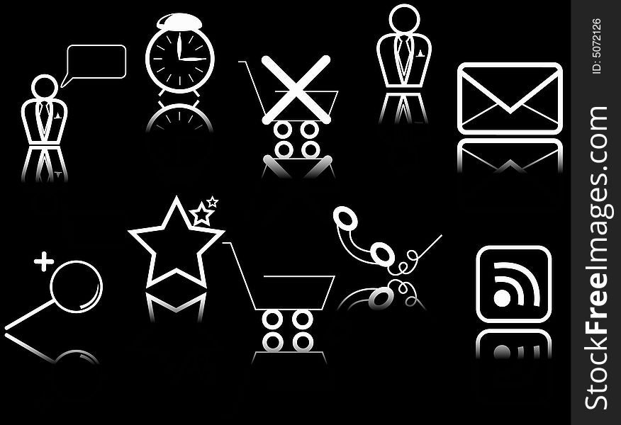 Set of vector icons with reflections over black