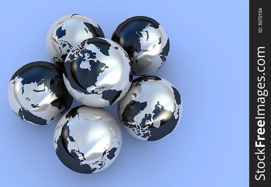 Six spheres as a globe on a blue background. Six spheres as a globe on a blue background