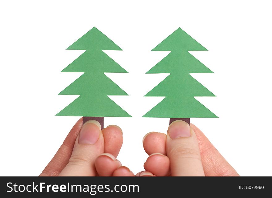 Two Christmas trees isolated over white