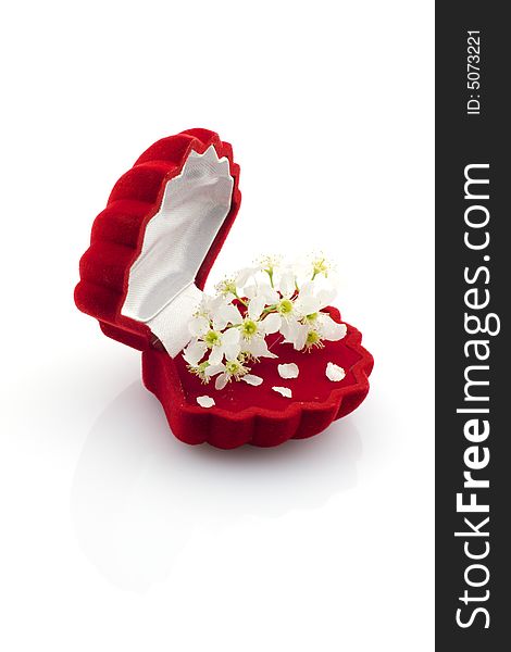 Open red jewelry gift box with bird cherry flowers, isolated on white. Open red jewelry gift box with bird cherry flowers, isolated on white