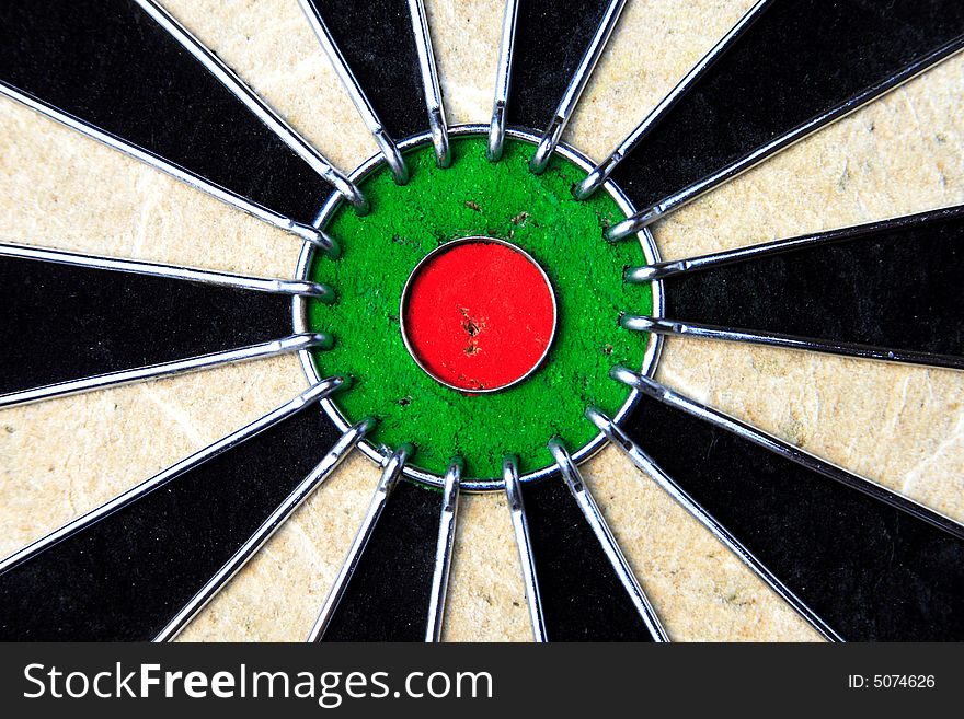 The bullseye of a dartboard.