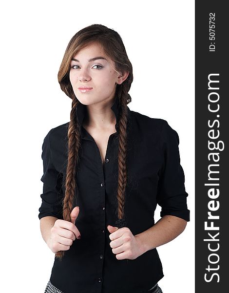 Girl at black chemise with plaits at hands. Girl at black chemise with plaits at hands