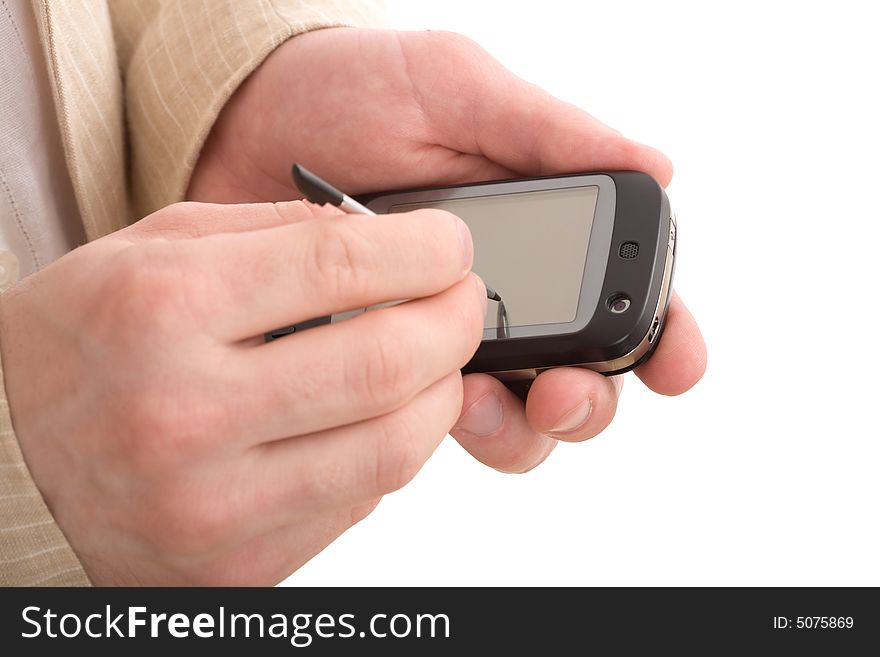 Male hands with digitized pen, touching the screen of a PDA isolated on white. Male hands with digitized pen, touching the screen of a PDA isolated on white