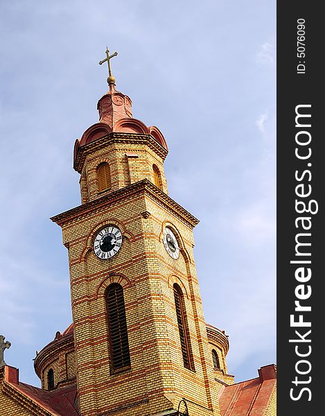 A view with an old catholic church in Serbia