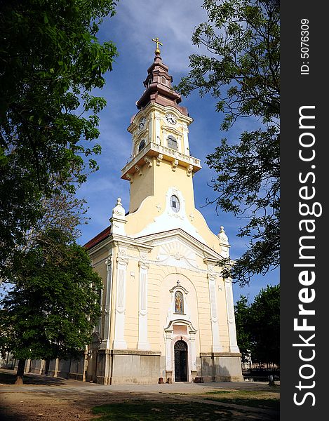 A view with an old catholic church in Serbia