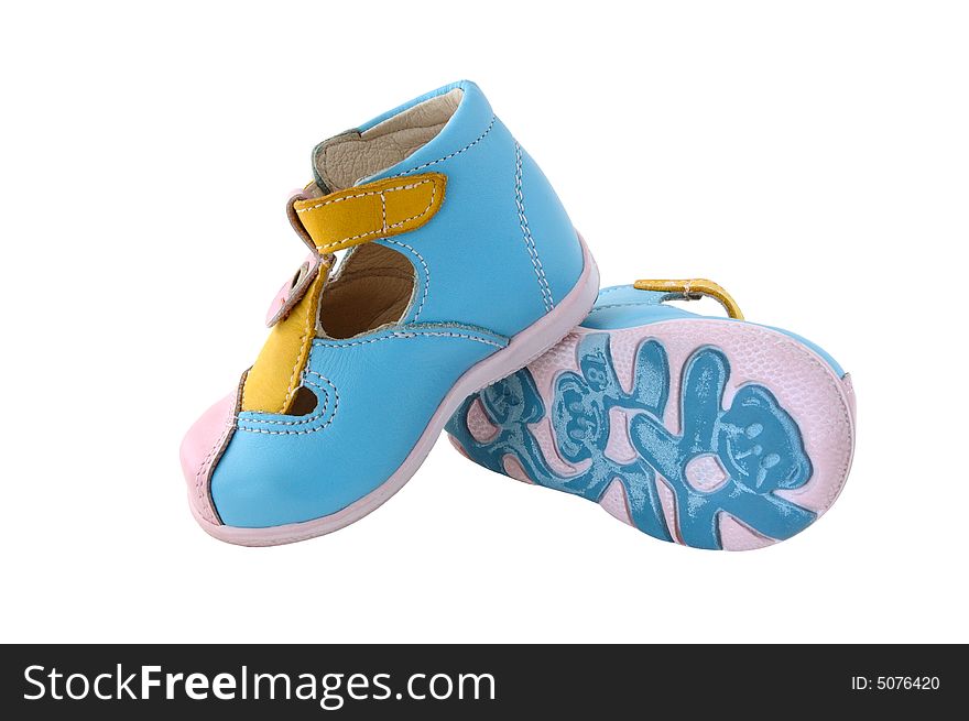 Baby's summer leather boots. Coloured in bright colours - pink, blue and yellow.