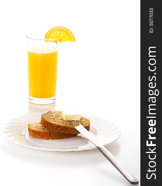 Bread, butter and orange juice. Bread, butter and orange juice