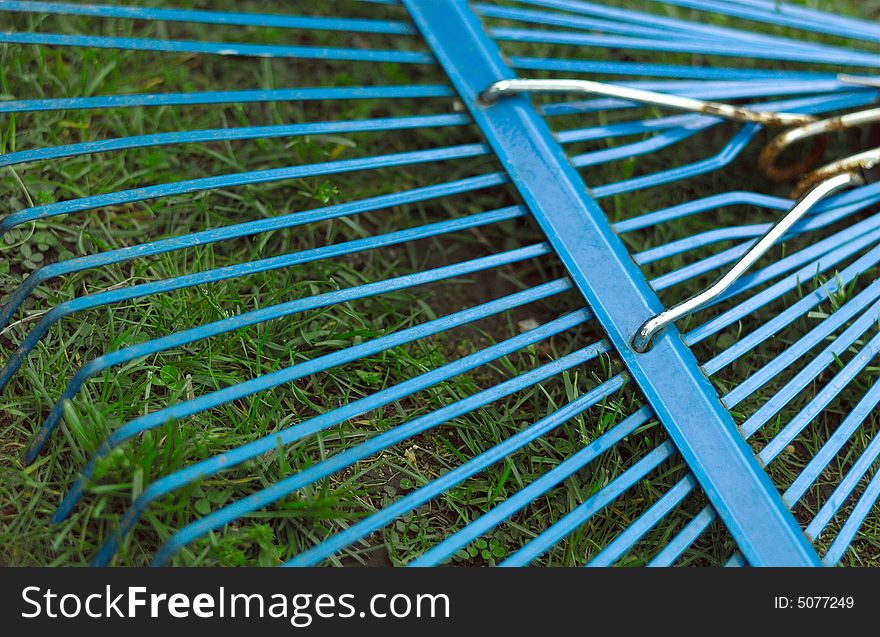 Close-up of rake on grass.