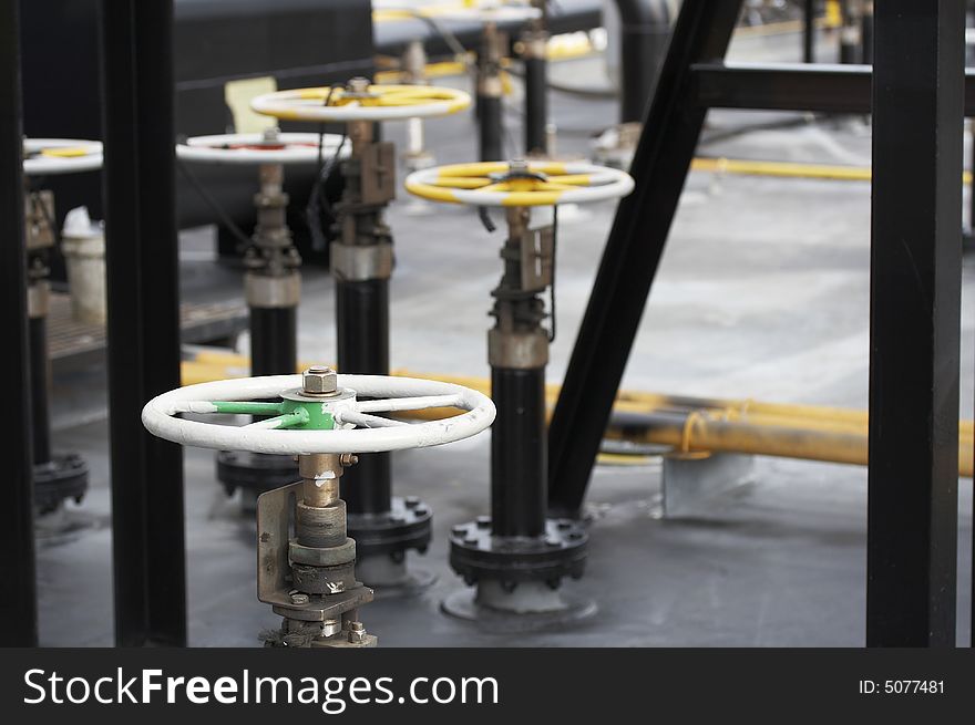 A picture of valves on a gas barge. A picture of valves on a gas barge