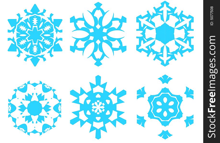 Six snowflake designs in blue color isolated on white. Six snowflake designs in blue color isolated on white