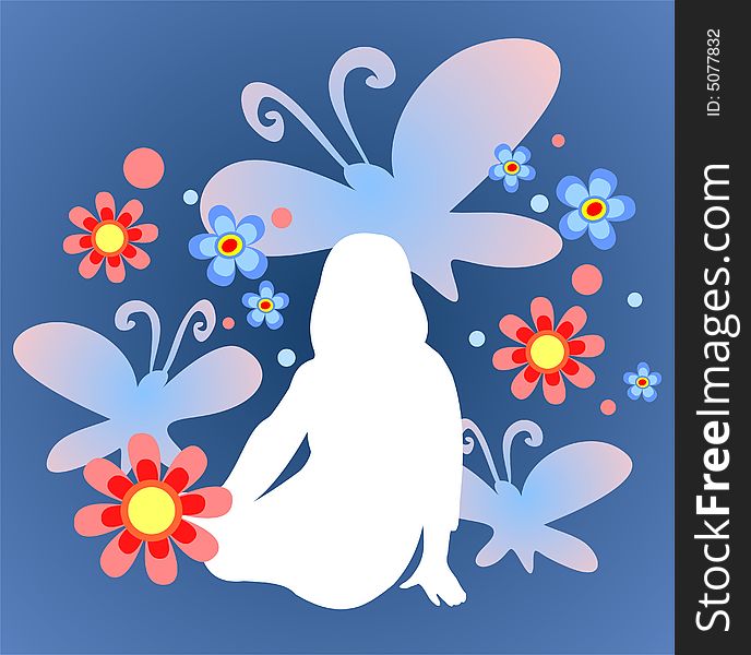 White silhouette of the sitting girl and butterflies on a blue background. White silhouette of the sitting girl and butterflies on a blue background.