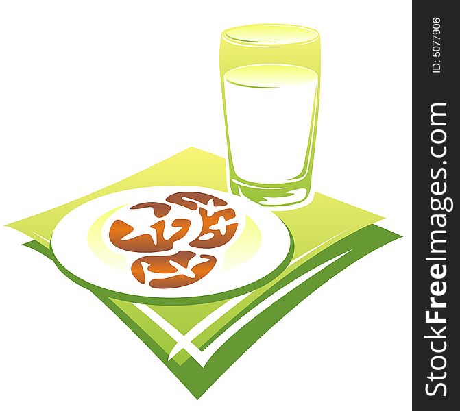Stylized milk, cookies and green napkin isolated on a white background. Stylized milk, cookies and green napkin isolated on a white background.