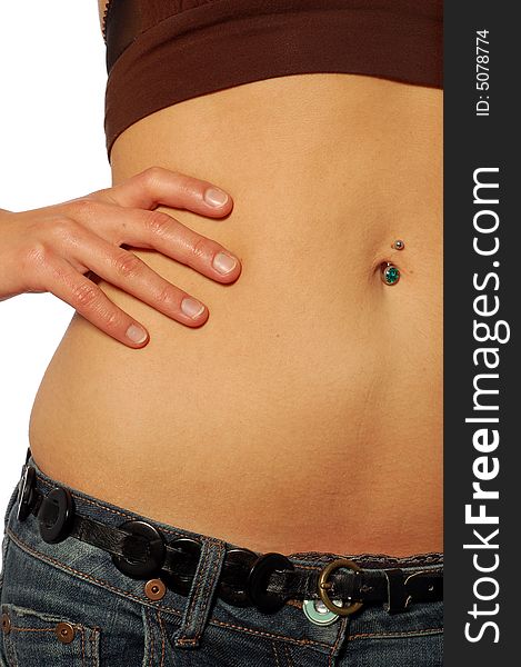 Close-up of female belly on white background. Close-up of female belly on white background