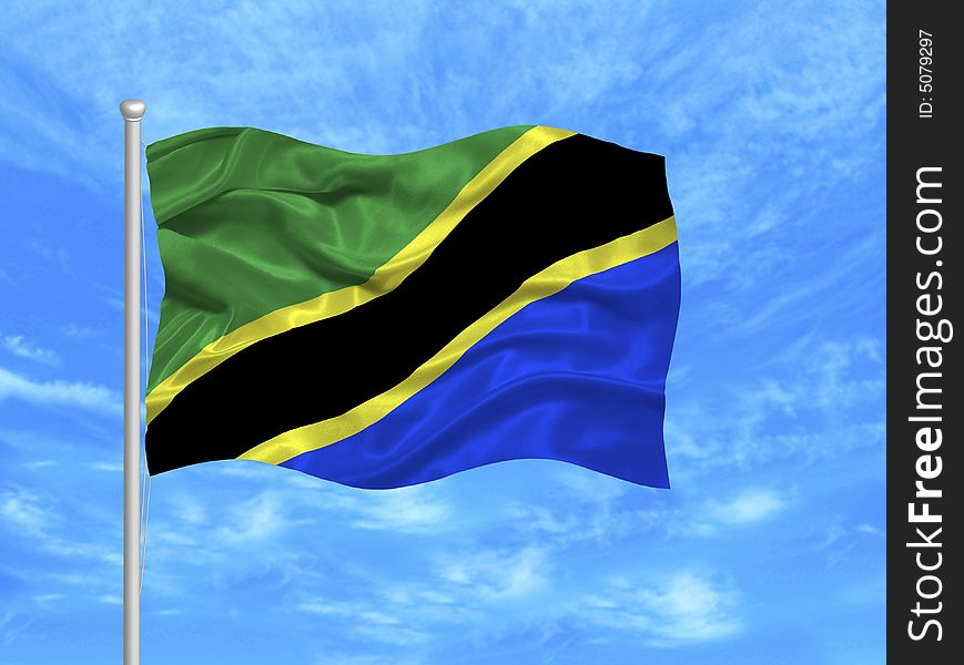 Illustration of waving Tanzanian Flag on blue sky. Illustration of waving Tanzanian Flag on blue sky