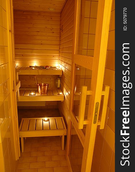 Interior of a Finnish sauna in candle light