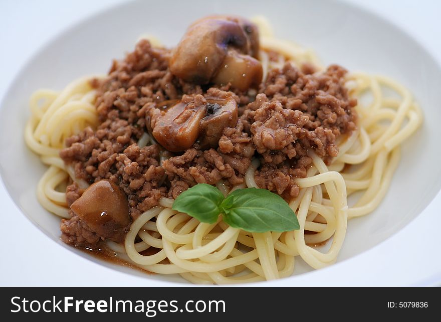 Pasta with a meatsauce and some mushrooms. Pasta with a meatsauce and some mushrooms