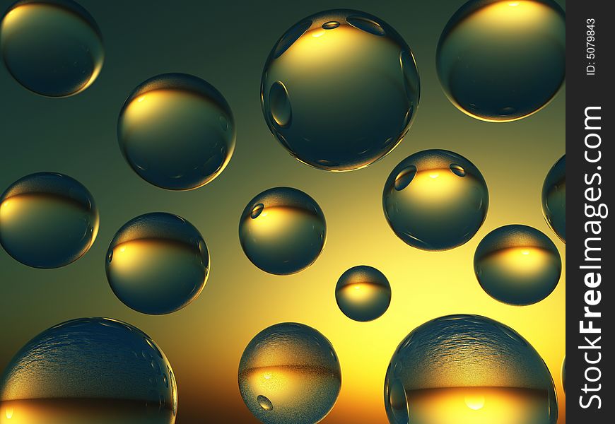 Rising water balls  on sky background - digital artwork.