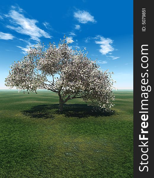 Alone blossom  tree and beautiful sky with clouds  - 3d landscape scene. Alone blossom  tree and beautiful sky with clouds  - 3d landscape scene.