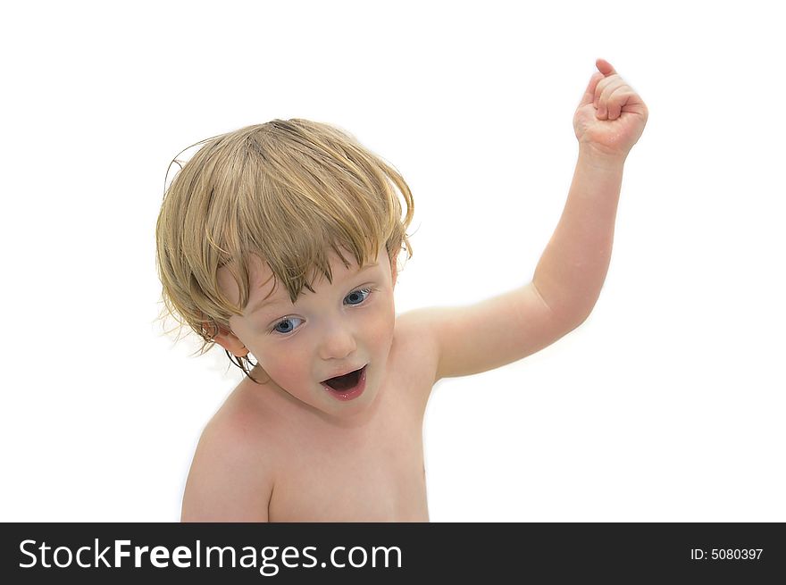 Pointing Out Boy In On White Background