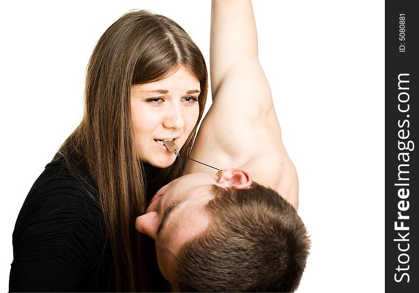 Crying woman holding falling man. Isolated.