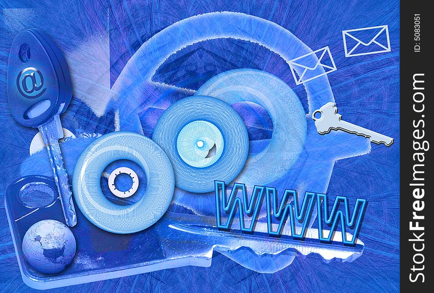 This blue internet related design shows connecting circles, several keys, our globe, an @, the letters WWW and e-mail envelopes. The metaphoric meaning is: Find the right key to the Internet world. This blue internet related design shows connecting circles, several keys, our globe, an @, the letters WWW and e-mail envelopes. The metaphoric meaning is: Find the right key to the Internet world.