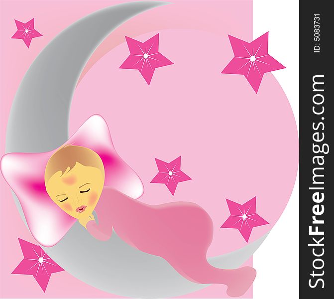 Baby girl sleeping on crescent moon. Baby girl sleeping on crescent moon