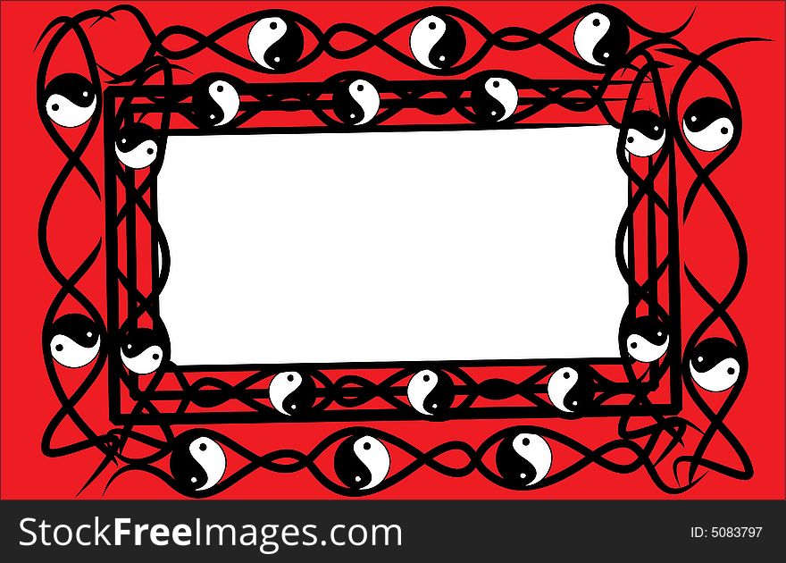 Yin yang, red, black and white frame