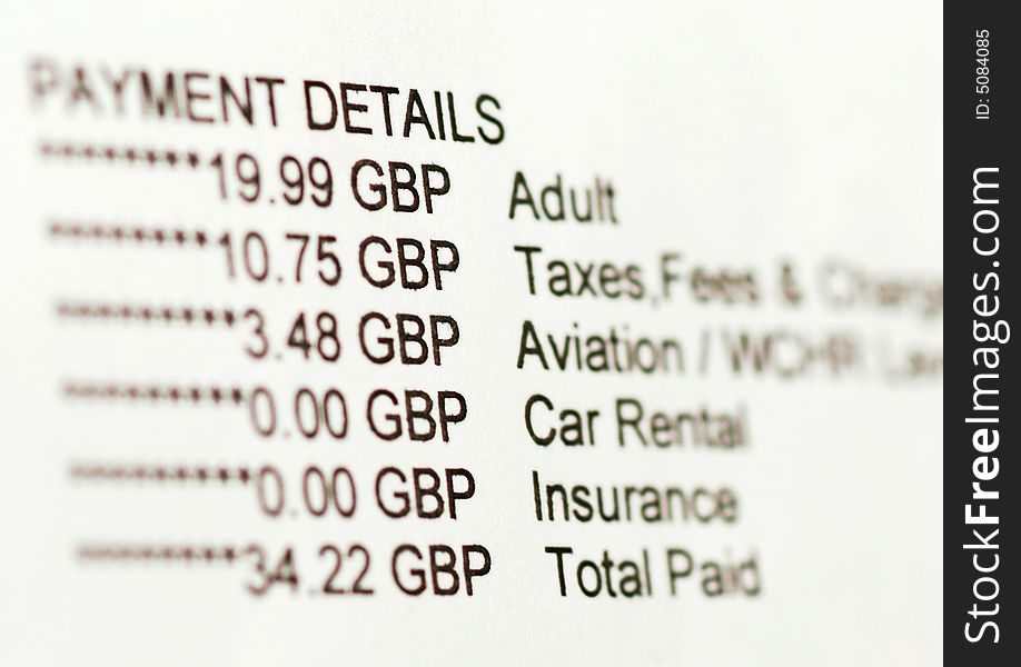 Payment details of a flight reservation- online transaction. Payment details of a flight reservation- online transaction