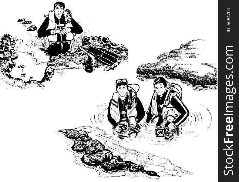 Two different illustrations of Scuba Divers on the Surface. One is gearing up, the other two are holding underwater cameras. Two different illustrations of Scuba Divers on the Surface. One is gearing up, the other two are holding underwater cameras.