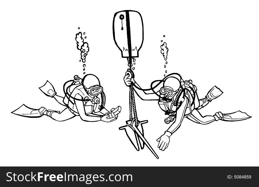 Two Scuba divers salvage a small boat anchor with a lift bag. Two Scuba divers salvage a small boat anchor with a lift bag.