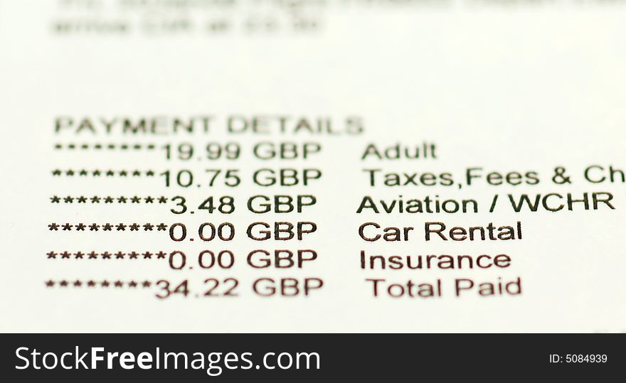 Payment details of a flight reservation- online transaction. Payment details of a flight reservation- online transaction