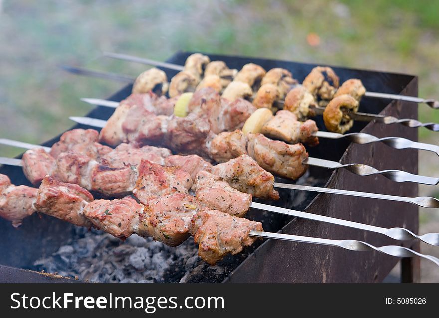 Shish kebab and Mushroom, smoke