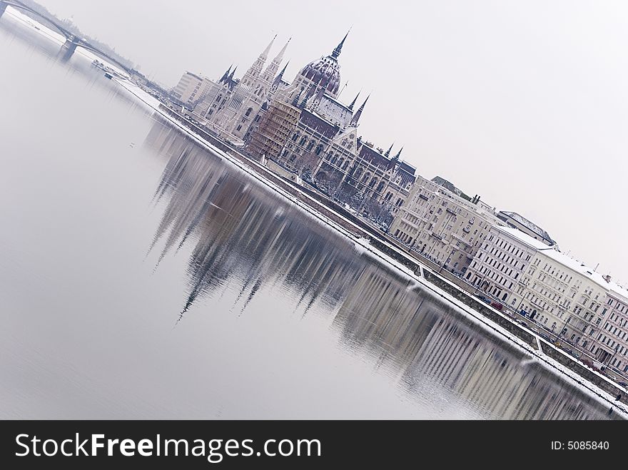 Hungarian parliament with reflection