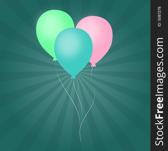 Graphic illustration of pastel colored balloons against an aqua colored vortex background. Graphic illustration of pastel colored balloons against an aqua colored vortex background.