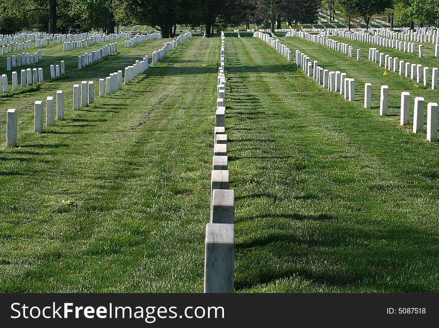 Straight rows of tombstones/headstones in Arlington National Cemetery.