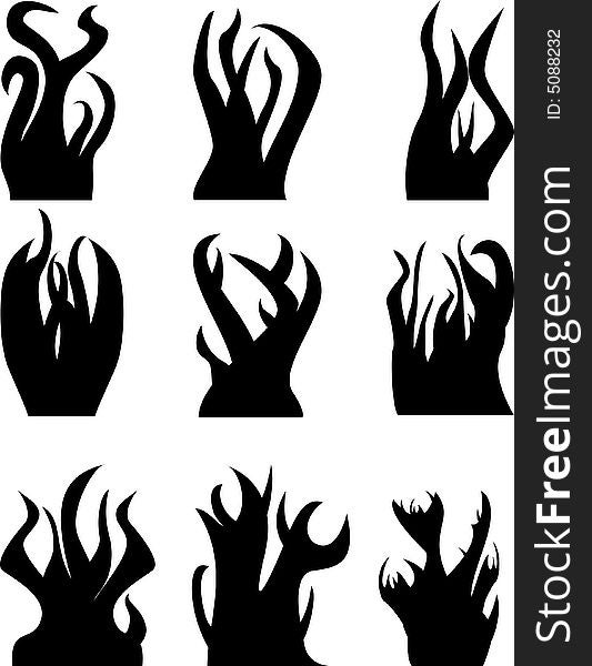 Silhouetted flame/tentacle icons against white background. Silhouetted flame/tentacle icons against white background